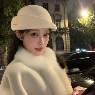 法式白色礼帽女秋冬季赫本风千金帽子女款冬季高级感贝雷帽显脸小