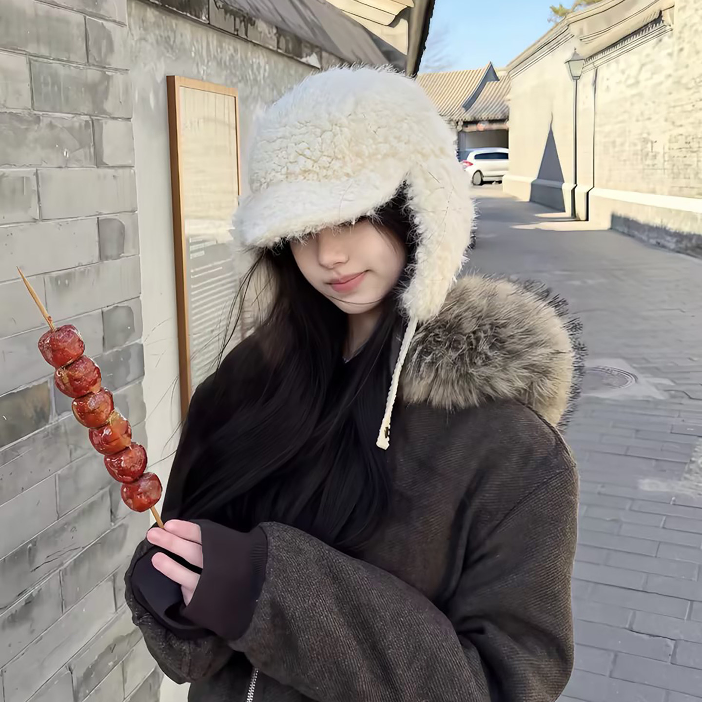 宅女同款纯色羊羔毛绒雷锋帽字女冬季保暖加厚防寒护耳帽飞行帽潮