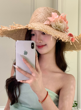 原创！法式拉菲草编织立体花朵草帽女春夏季海边度假防晒遮阳帽子