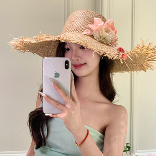 原创！法式拉菲草编织立体花朵草帽女春夏季海边度假防晒遮阳帽子
