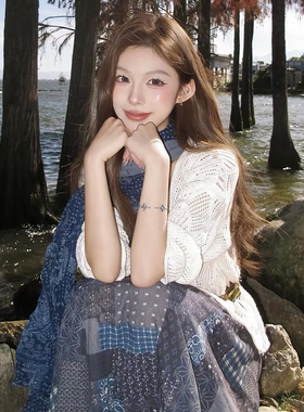 波西米亚蓝色腰果花丝巾护颈防晒棉麻围巾度假风拍照长条围脖飘带