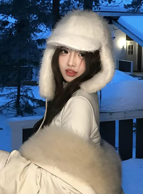 毛绒护耳帽子女冬季白色滑雪加厚保暖骑行飞行帽防风防寒雷锋帽潮