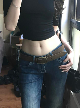 美式复古棕色印花腰带女2025新款牛仔裤裙子配饰小众设计感皮带