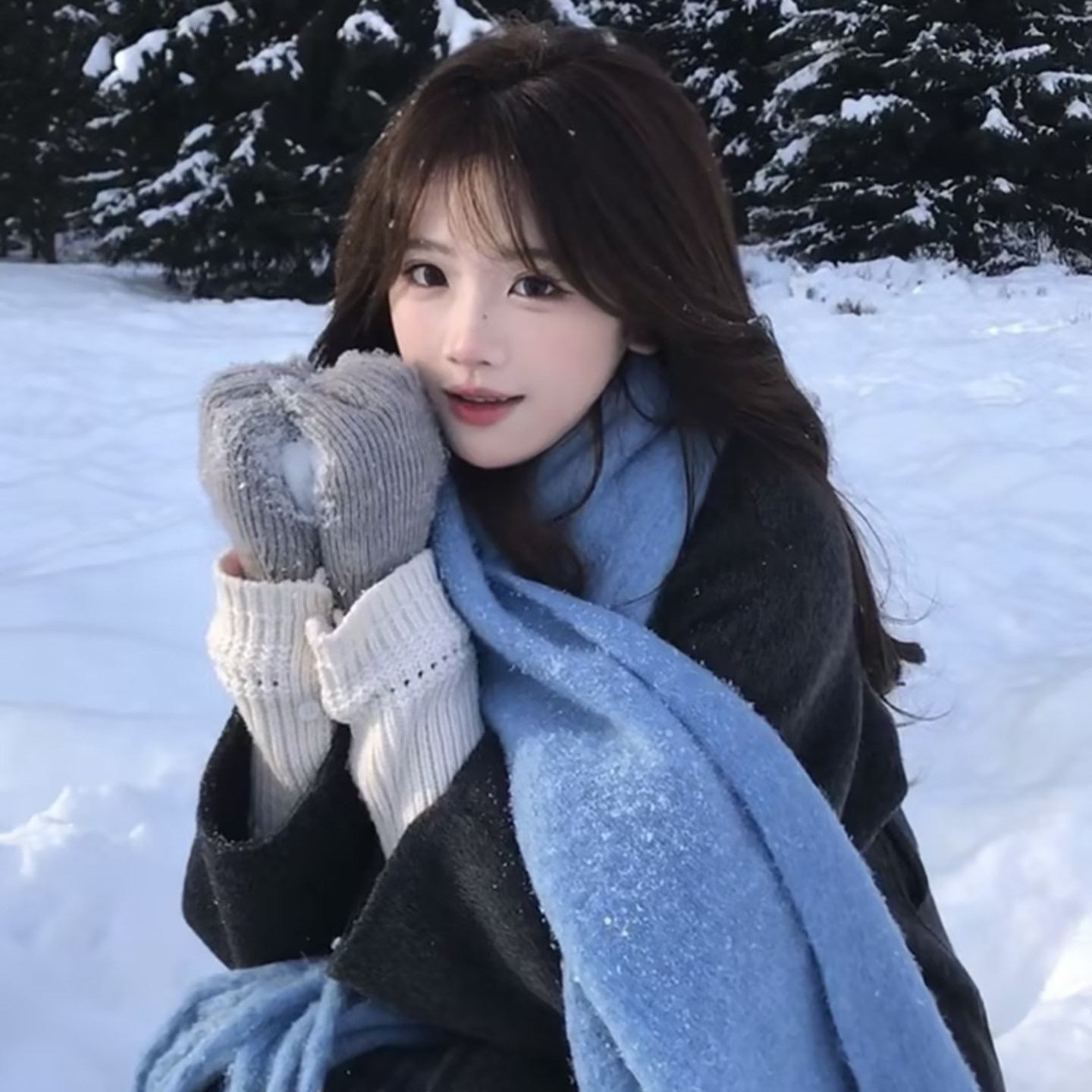 韩系氛围感雾霾蓝围巾女秋冬季2025新款保暖防寒护颈围脖学生披肩