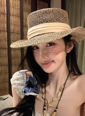 法式老钱风镂空平顶草帽女夏季海边沙滩度假防晒遮阳帽子气质礼帽