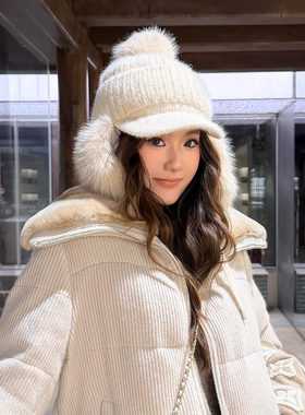 高品质！兔毛混纺毛球毛绒针织帽女冬季保暖毛线帽护耳雷锋帽子潮