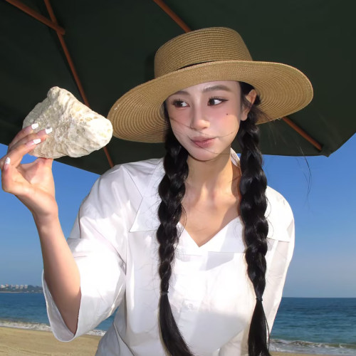 法式度假风草编平顶草帽女春夏季海边沙滩平檐遮阳防晒帽太阳帽子