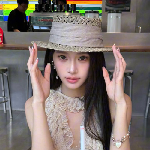 版型超正！法式老钱风咸草编织平顶草帽女夏镂空防晒遮阳沙滩礼帽