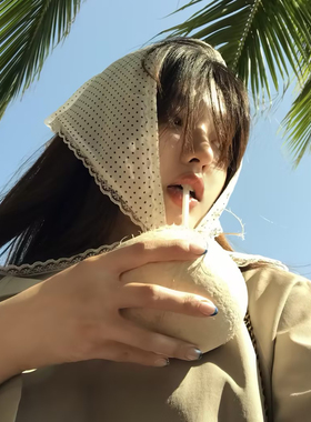 法式田园风白色蕾丝波点三角巾头巾女夏季包头绑发丝巾多功能发带