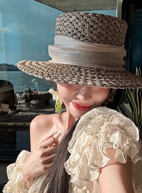 版型超正！法式老钱风咸草编织平顶草帽女夏镂空防晒遮阳沙滩礼帽