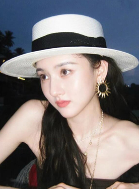 宋祖儿同款草编平顶草帽女夏季海边度假风防晒遮阳帽时尚气质礼帽