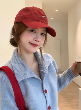 韩系红色棒球帽女春夏显脸小软顶鸭舌帽休闲百搭宽帽檐大头围帽子