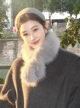民国千金灰色仿狐狸毛毛绒围巾女冬季时尚高级感保暖加厚毛领围脖
