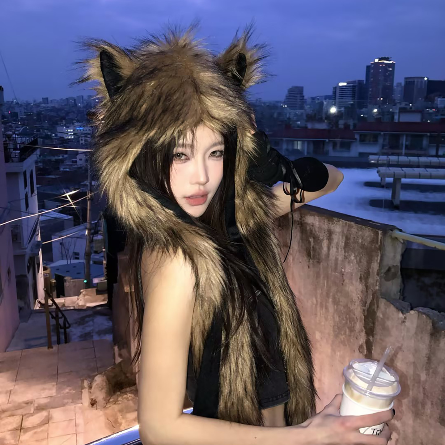 辣妹风狐狸耳朵毛绒帽子女2025新款秋冬季保暖围巾一体护耳雷锋帽