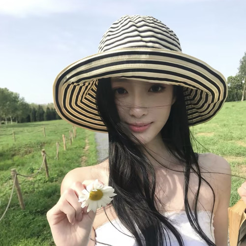 韩版大帽檐条纹渔夫帽