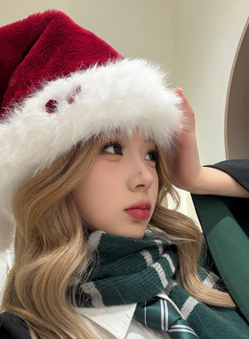 圣诞节氛围感红色毛绒圣诞帽女节日装扮穿搭头饰拍照道具保暖帽子