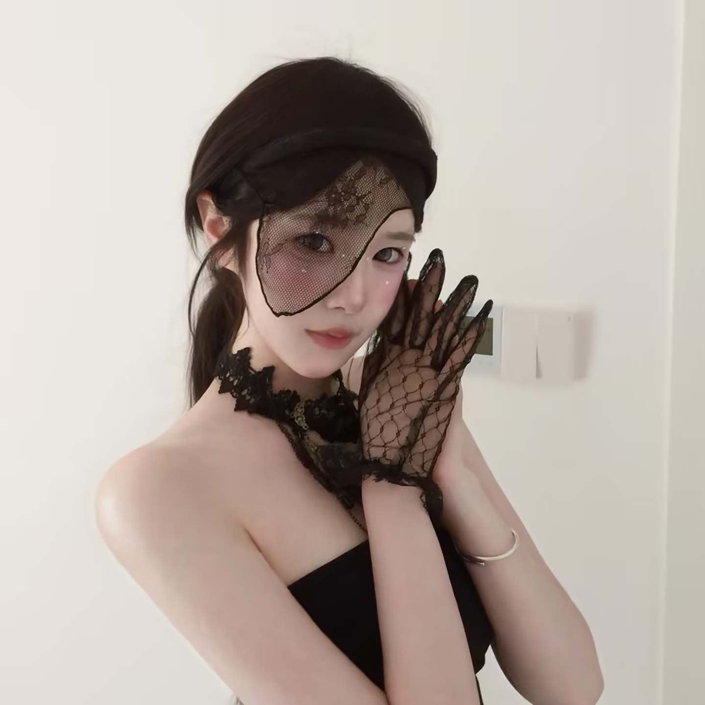 易梦玲同款~黑色蕾丝面沙罩发箍女万圣节cos装扮面具晚会派对道具