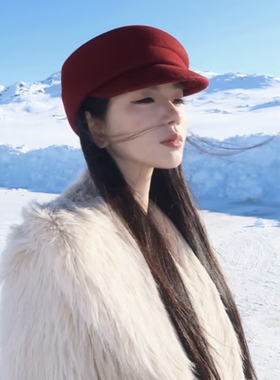 复古红色毛呢贝雷帽女秋冬季高级感显脸小气质报童帽百搭马术帽子