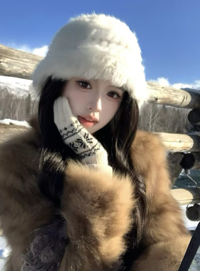 白色兔毛渔夫帽女款冬季大头围保暖护耳毛线帽毛茸茸显脸小毛绒帽