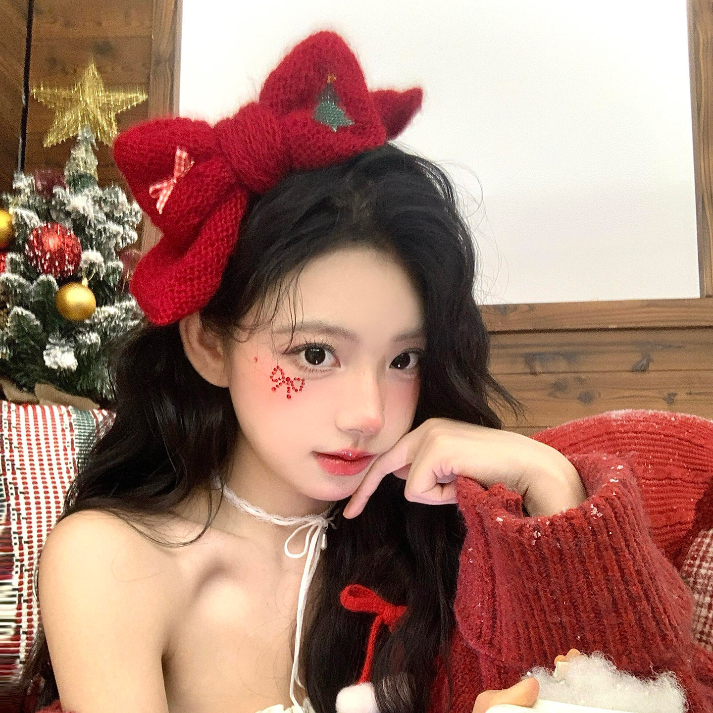 圣诞节红色针织毛线蝴蝶结发夹女头饰节日氛围感装扮道具发夹发饰