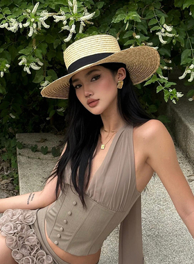 法式老钱风草编平顶草帽女夏季海边沙滩度假大檐防晒遮阳帽子礼帽