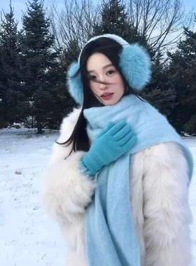韩系氛围感~含羊毛蓝色流苏围巾女2025冬季加厚保暖防寒学生围脖