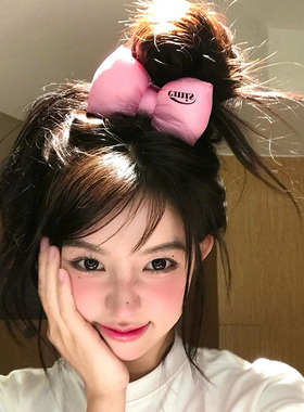 现货~韩国Emi字母新款可爱超大粉色羽绒立体蝴蝶结发圈发绳头绳女