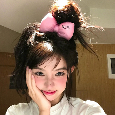 现货~韩国Emi字母新款可爱超大粉色羽绒立体蝴蝶结发圈发绳头绳女