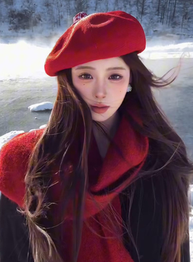 新年氛围感~红色针织贝雷帽女冬季出游百搭大头围显脸小画家帽子