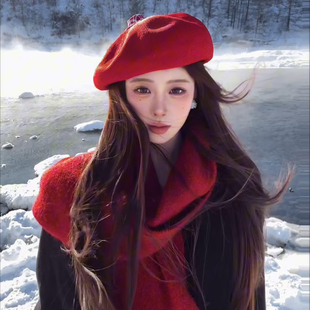 新年氛围感~红色针织贝雷帽女冬季出游百搭大头围显脸小画家帽子