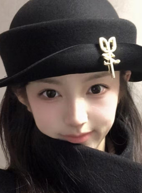 法式赫本风郁金香毛呢贝雷帽女黑色高级感气质渔夫帽千金感礼帽
