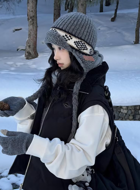费尔岛灰色针织毛线帽女冬加厚保暖大头围飞行帽防寒护耳雷锋帽子