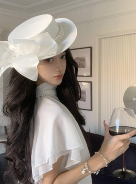 法式赫本风蕾丝蝴蝶结珍珠礼帽女宴会名媛千金风优雅气质平顶帽子