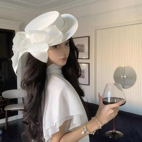 法式赫本风蕾丝蝴蝶结珍珠礼帽女宴会名媛千金风优雅气质平顶帽子