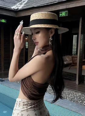 法式黑色织带平顶草帽女春夏季海边沙滩度假风防晒遮阳帽编织帽子