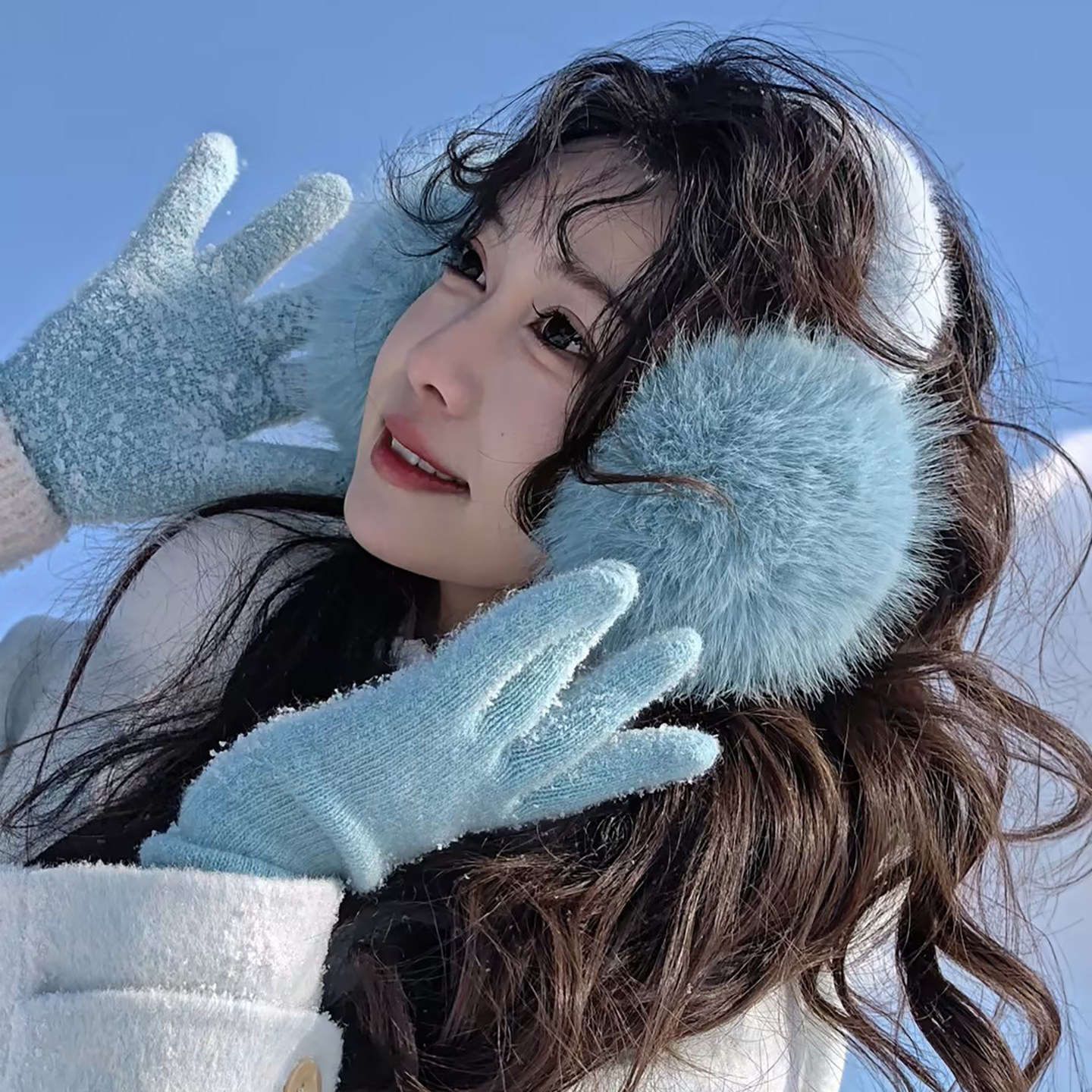 韩系ins风雾霾蓝含羊毛针织手套可触屏女冬保暖防寒骑行护耳耳罩