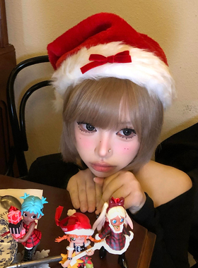 圣诞节氛围感红色蝴蝶结毛绒圣诞帽女节日装扮头饰拍照道具帽子