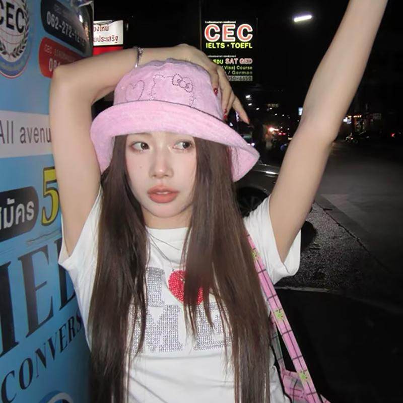 粉色kitty猫烫钻渔夫帽女春秋卡通可爱显脸小盆帽大檐防晒遮阳帽,服饰配件/皮带/帽子/围巾,帽子,淘宝优惠券,粉丝福利购,淘宝优惠卷