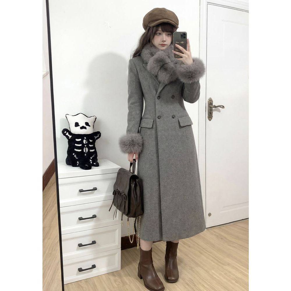 雾凇来信 气质千金沙漏腰显瘦双排扣带毛领收腰长款呢子大衣外套,女装/女士精品,毛呢外套,淘宝优惠券,粉丝福利购,淘宝优惠卷
