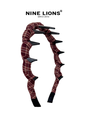 nine lions/红色格子头箍高颅顶发箍带齿布艺发卡洗脸发捆发饰女