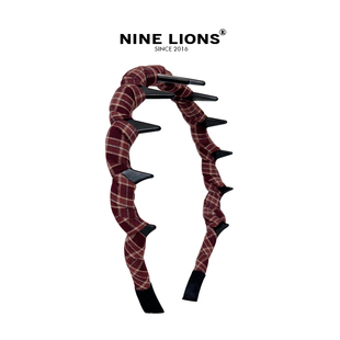 nine lions/红色格子头箍高颅顶发箍带齿布艺发卡洗脸发捆发饰女