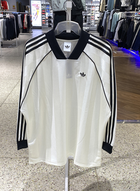 阿迪达斯三叶草女V领长袖运动T恤复古撞色上衣球衣 KG3711 KD2897