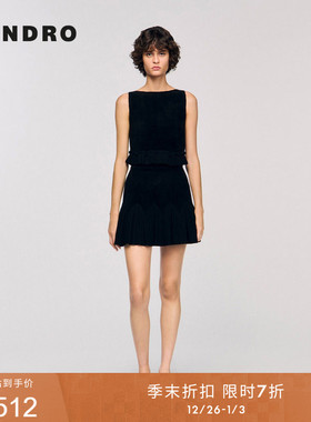季末7折SANDRO2025秋冬新款女装黑色褶皱花边裙摆针织短款半身裙