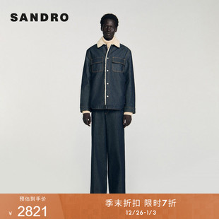 复古撞色毛领棉质牛仔棉衣外套 男装 季 末7折SANDRO2025秋冬新款