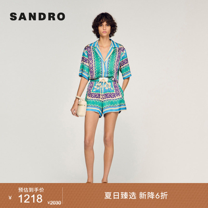 新品首降丨SANDRO2026夏季新款女装法式度假风印花松紧抽绳短裤