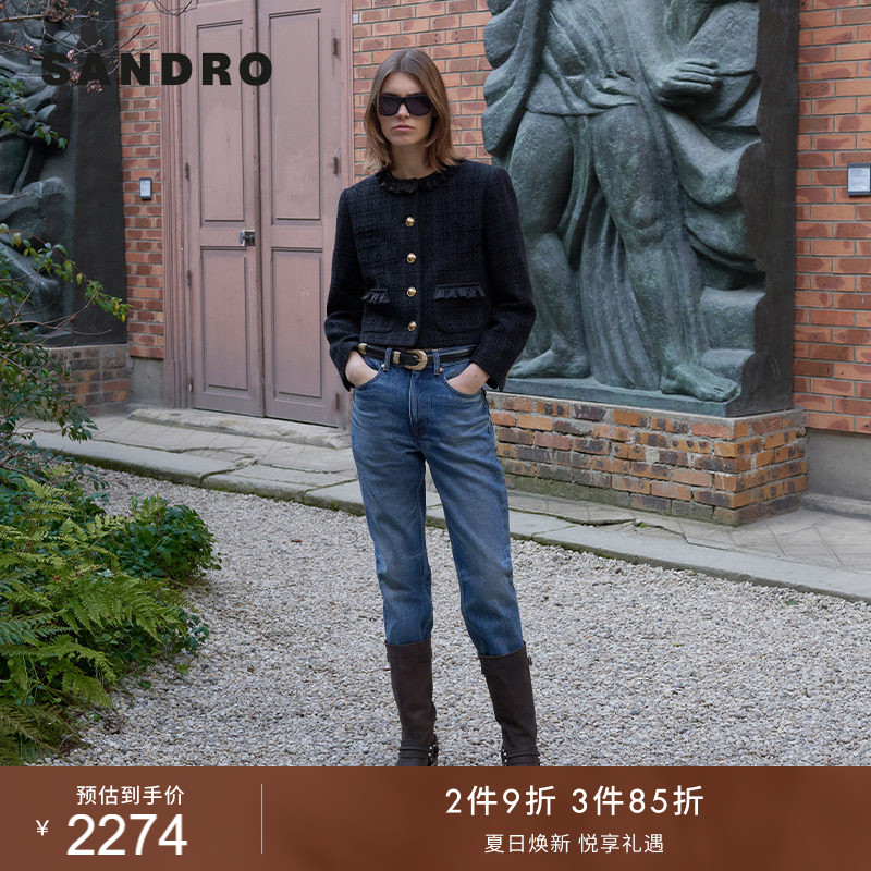 SANDRO女装法式时尚休闲黑色木耳花边领金色扣圆领短款花呢外套