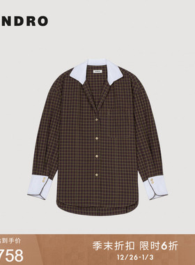 季末6折SANDRO2025秋冬新款女装棉质撞色拼接落肩袖细格纹衬衫