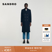 女装 季 末7折SANDRO2025秋冬新款 迪木尔风蓝色双排扣翻领大衣外套