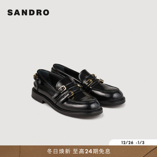 法式 女鞋 时尚 气质金色搭扣装 SANDRO2026春季 饰黑色低跟乐福鞋 新款