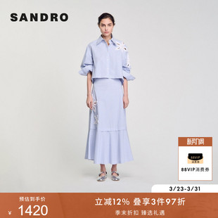SANDRO2025春夏女装 棉质蓝色条纹白色立体花朵仿钻荷叶边半身裙